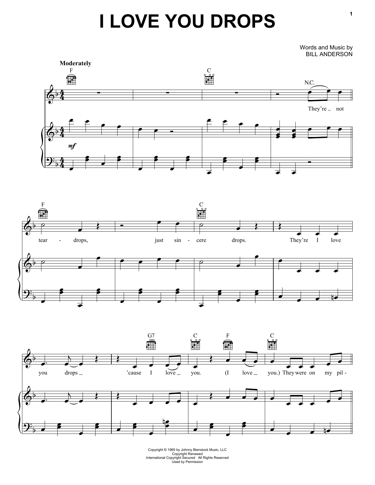 Bill Anderson I Love You Drops sheet music notes and chords arranged for Piano, Vocal & Guitar Chords (Right-Hand Melody)