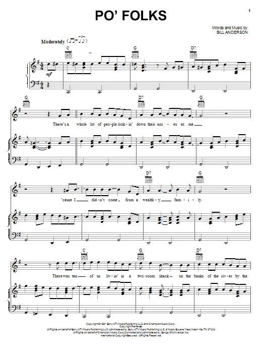 Bill Anderson Po' Folks sheet music notes and chords arranged for Piano, Vocal & Guitar Chords (Right-Hand Melody)