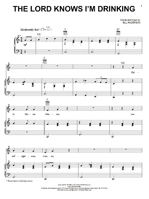 Bill Anderson The Lord Knows I'm Drinking sheet music notes and chords arranged for Piano, Vocal & Guitar Chords (Right-Hand Melody)