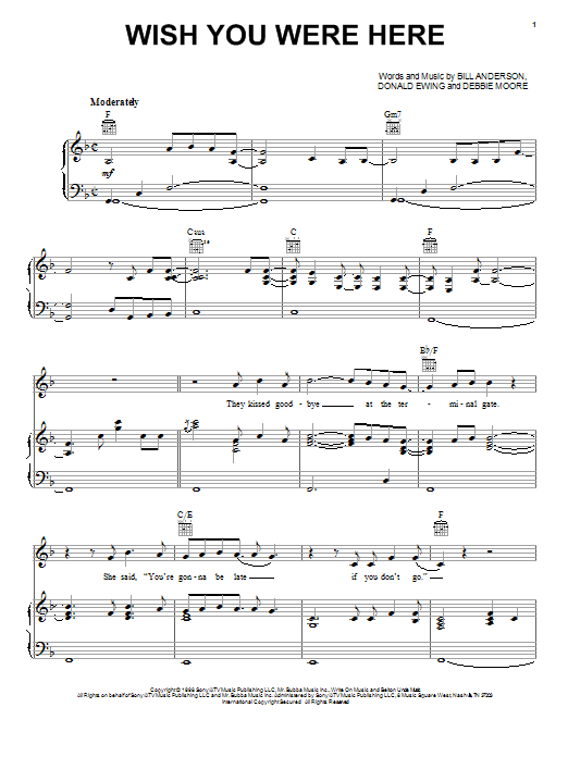 Bill Anderson Wish You Were Here sheet music notes and chords arranged for Piano, Vocal & Guitar Chords (Right-Hand Melody)