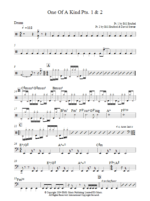 Bill Bruford One Of A Kind Pts. 1 & 2 sheet music notes and chords arranged for Tenor Sax Solo