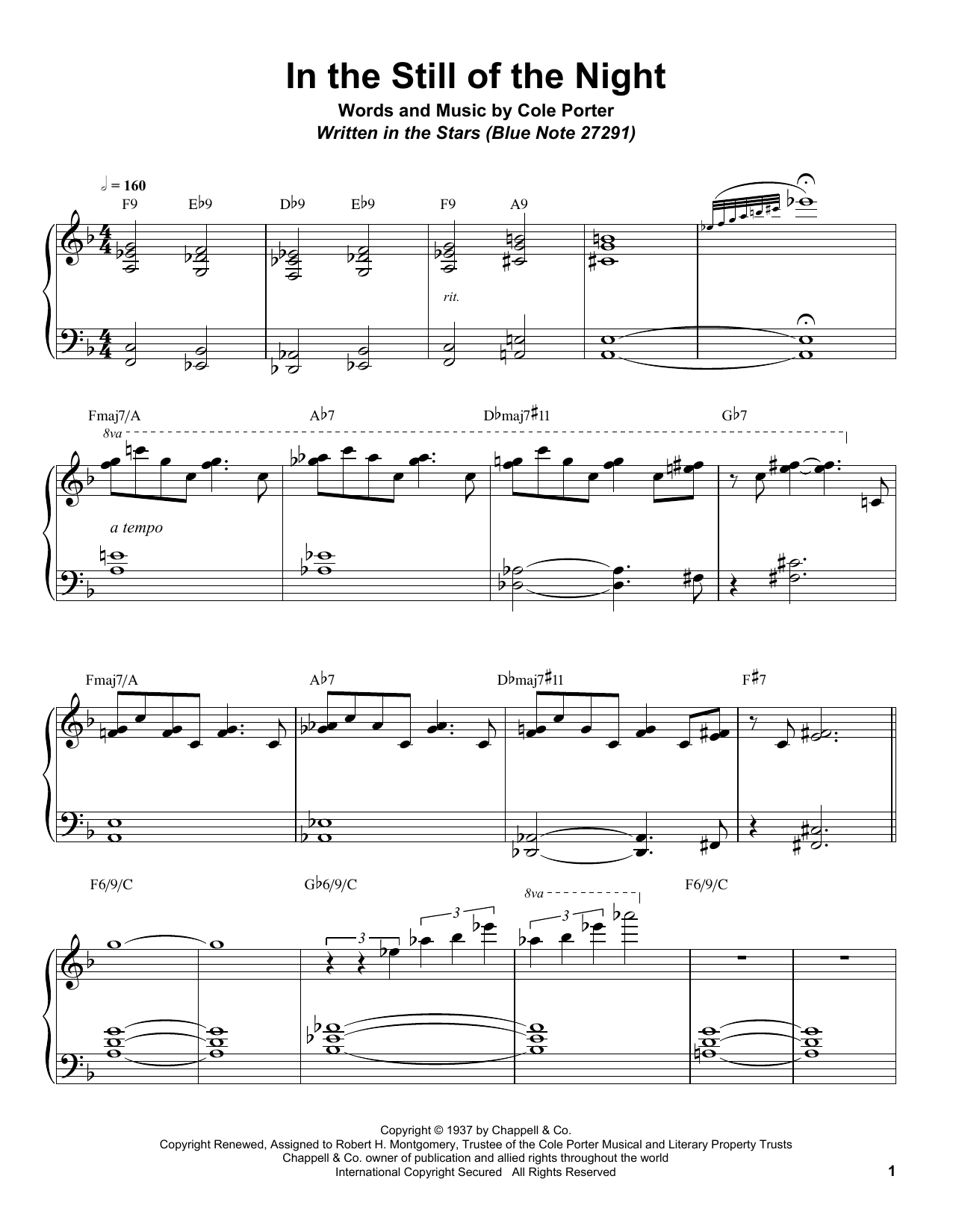 Bill Charlap In The Still Of The Night sheet music notes and chords arranged for Piano Transcription