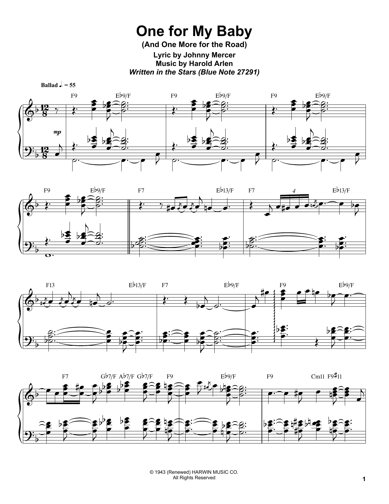 Bill Charlap One For My Baby (And One More For The Road) sheet music notes and chords arranged for Piano Transcription
