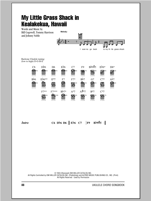 Bill Cogswell My Little Grass Shack In Kealakekua, Hawaii sheet music notes and chords arranged for Ukulele Chords/Lyrics