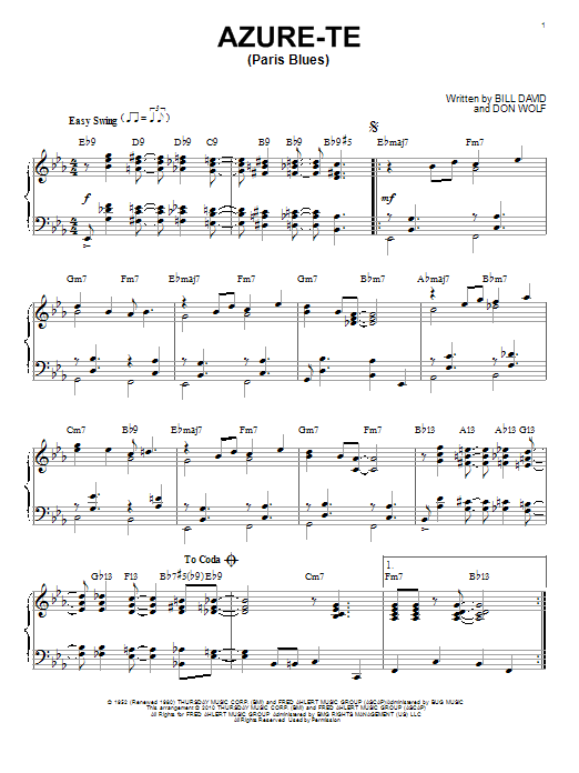 Bill Davis Azure-Te (Paris Blues) sheet music notes and chords arranged for Piano Solo