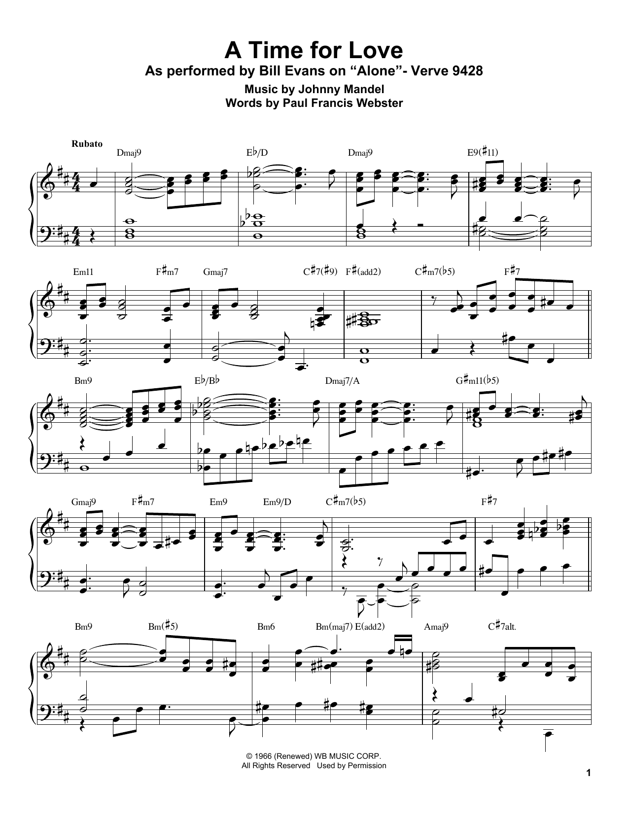 Bill Evans A Time For Love sheet music notes and chords arranged for Piano Transcription