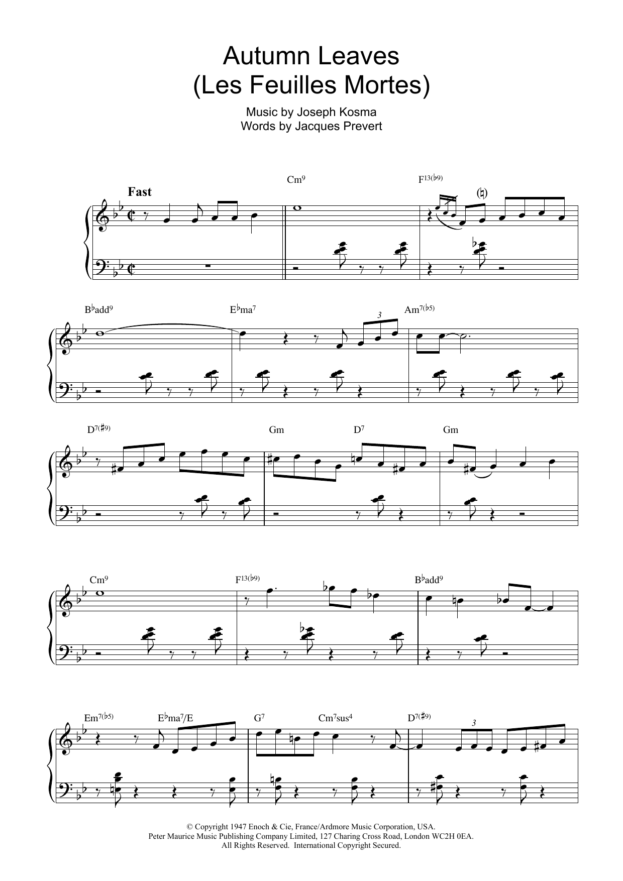 Bill Evans Autumn Leaves (Les Feuilles Mortes) sheet music notes and chords arranged for Piano Solo