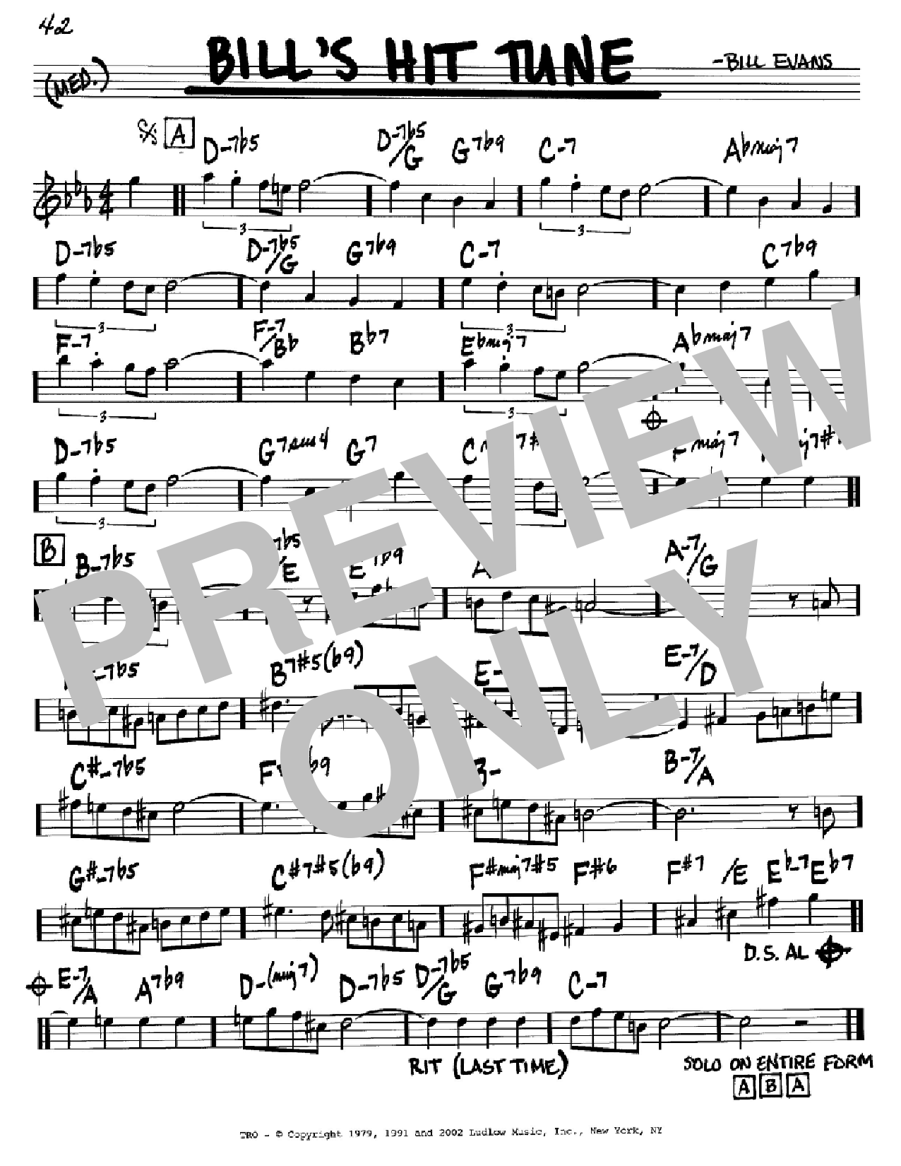 Bill Evans Bill's Hit Tune sheet music notes and chords arranged for Real Book – Melody & Chords – C Instruments