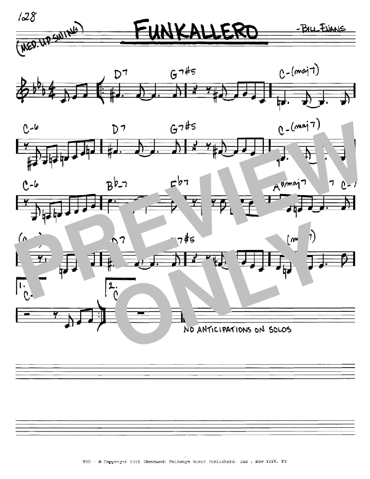 Bill Evans Funkallero sheet music notes and chords arranged for Real Book – Melody & Chords – C Instruments