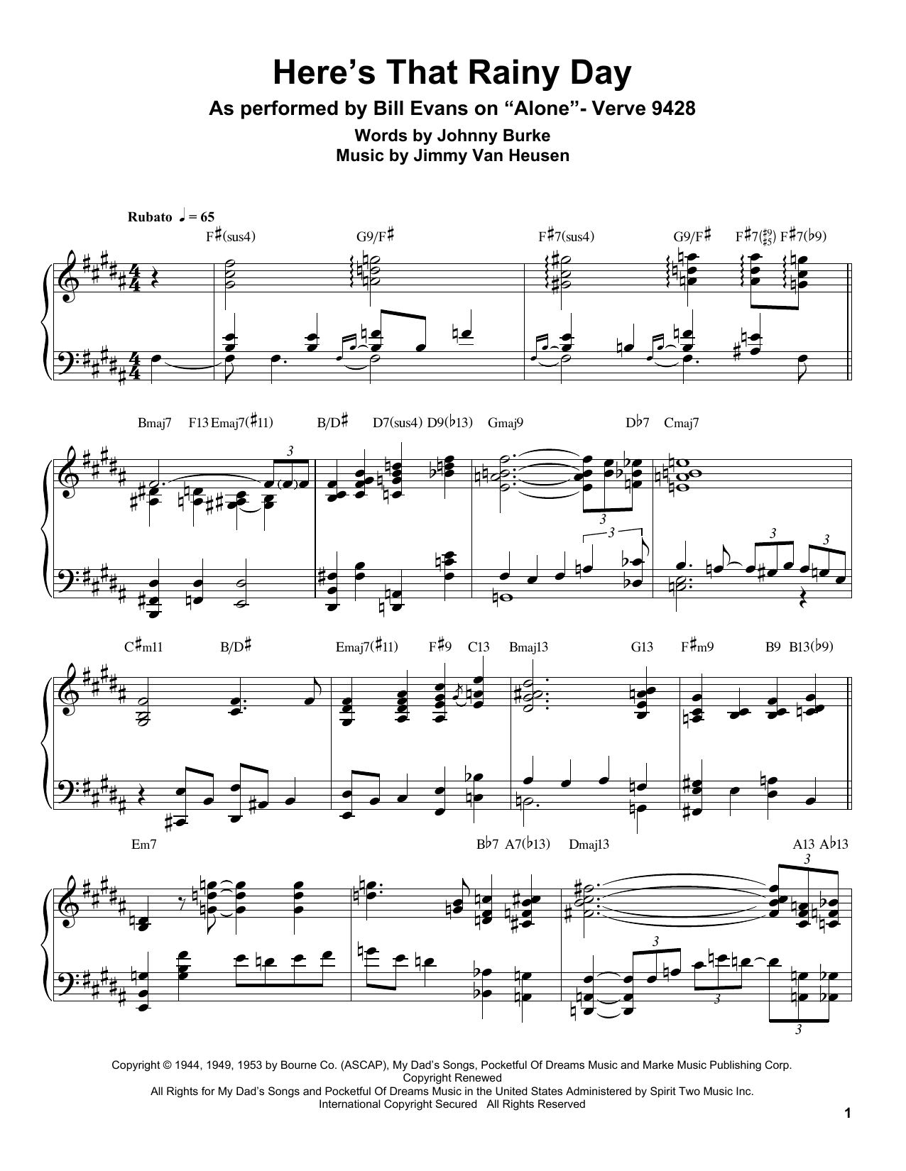 Bill Evans Here's That Rainy Day sheet music notes and chords arranged for Piano Transcription