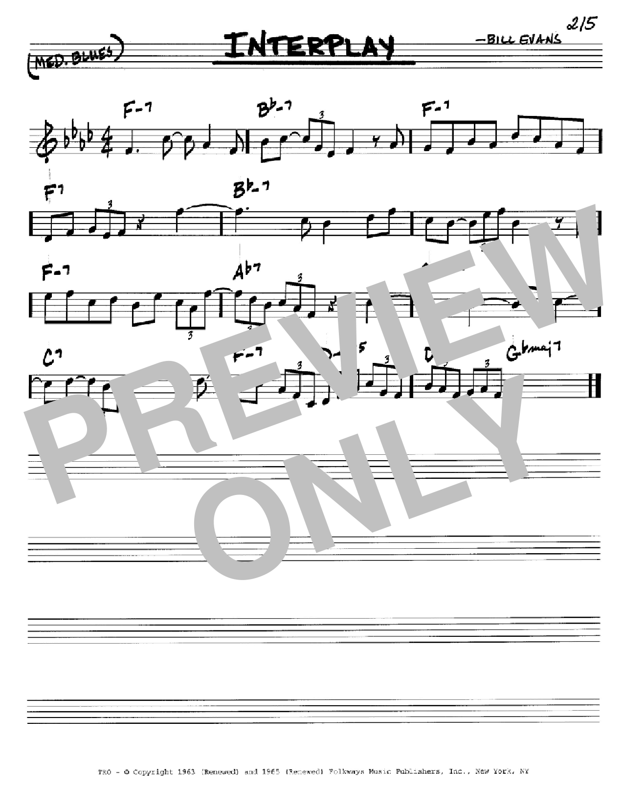 Bill Evans Interplay sheet music notes and chords arranged for Real Book – Melody & Chords – Bb Instruments