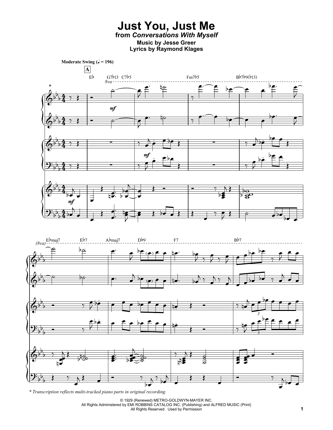Bill Evans Just You, Just Me sheet music notes and chords arranged for Piano Solo