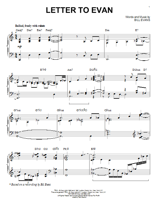 Bill Evans Letter To Evan [Jazz version] (arr. Brent Edstrom) sheet music notes and chords arranged for Piano Solo