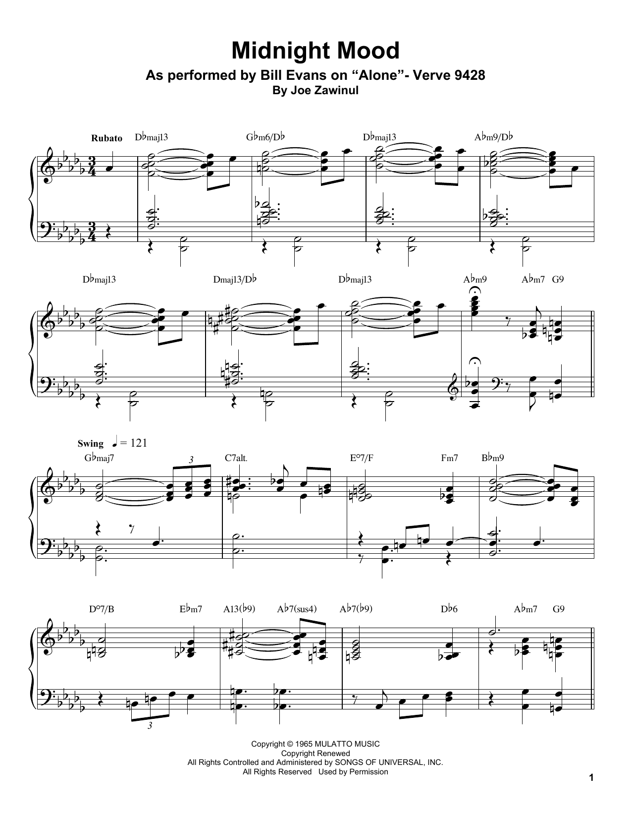 Bill Evans Midnight Mood sheet music notes and chords arranged for Piano Transcription