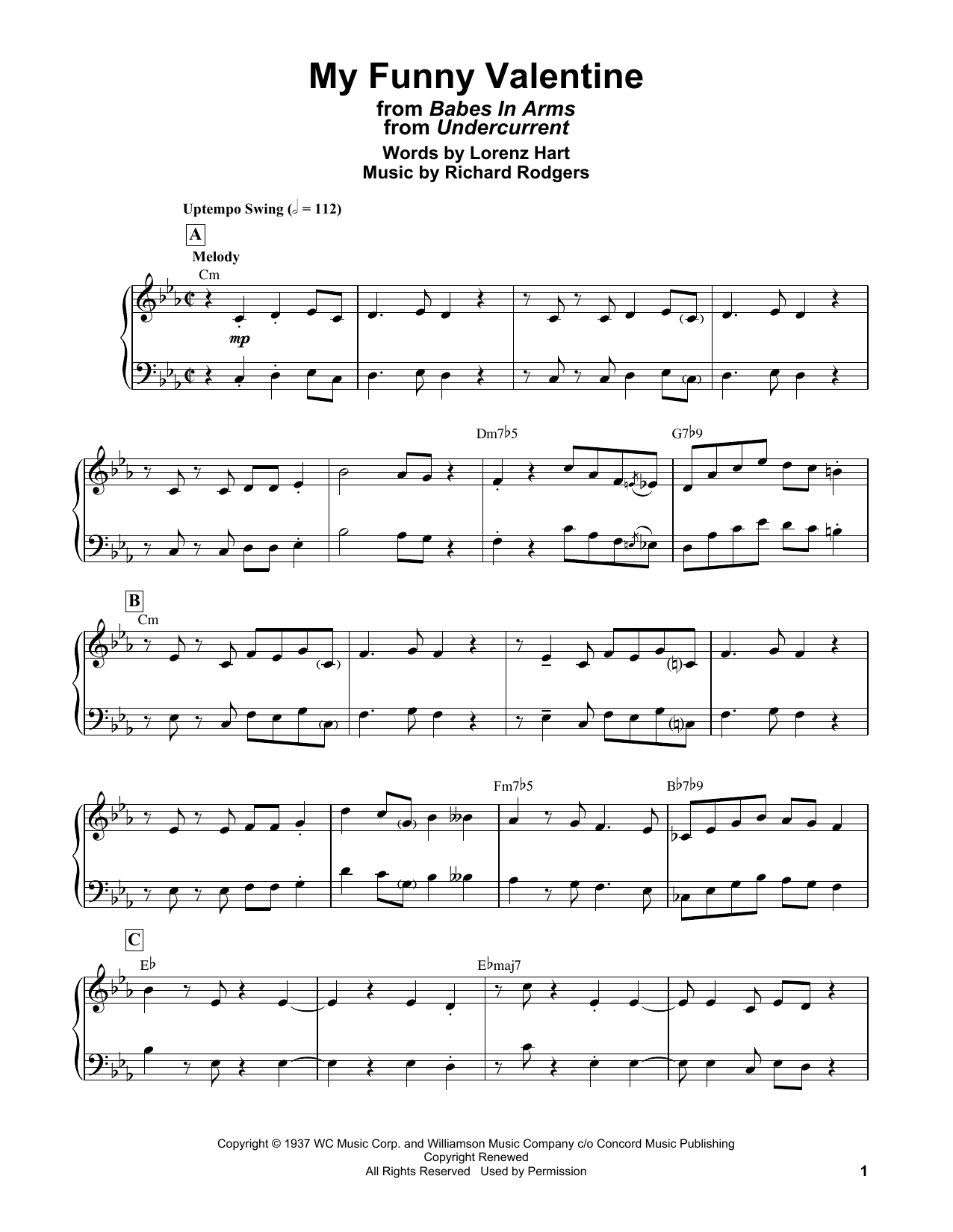 Bill Evans My Funny Valentine (from Babes In Arms) sheet music notes and chords arranged for Piano Solo