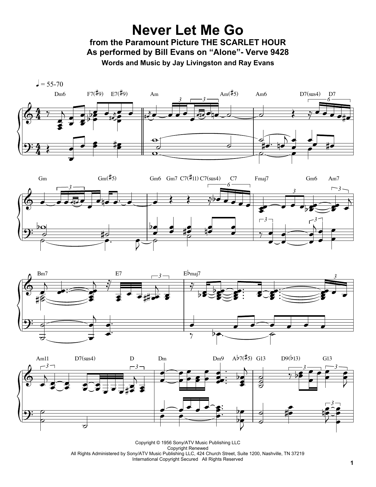 Bill Evans Never Let Me Go sheet music notes and chords arranged for Piano Transcription