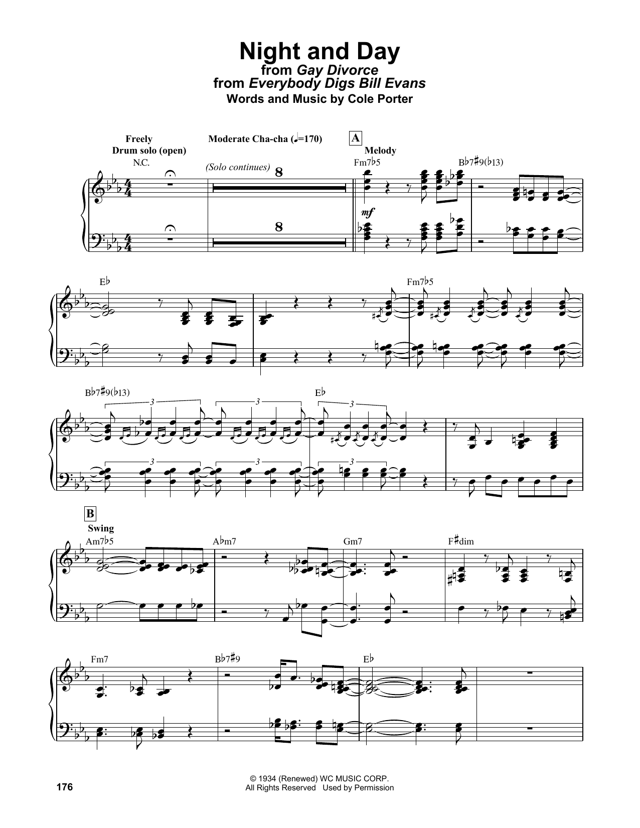 Bill Evans Night And Day (from Gay Divorce) sheet music notes and chords arranged for Piano Solo
