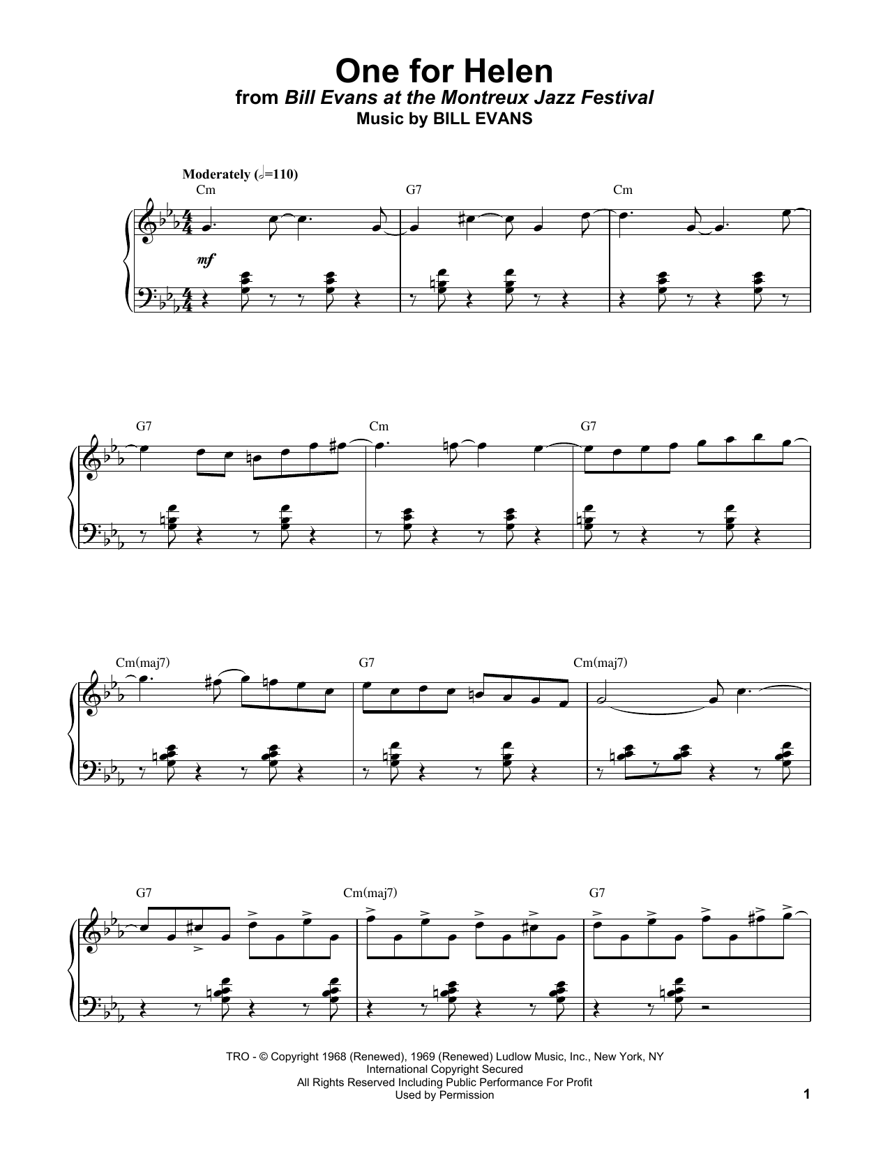 Bill Evans One For Helen sheet music notes and chords arranged for Piano Solo