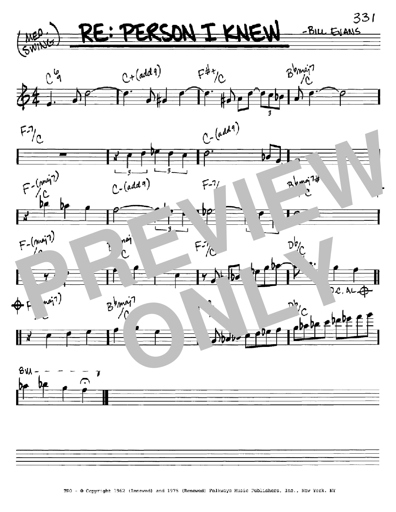Bill Evans Re: Person I Knew sheet music notes and chords arranged for Real Book – Melody & Chords – C Instruments