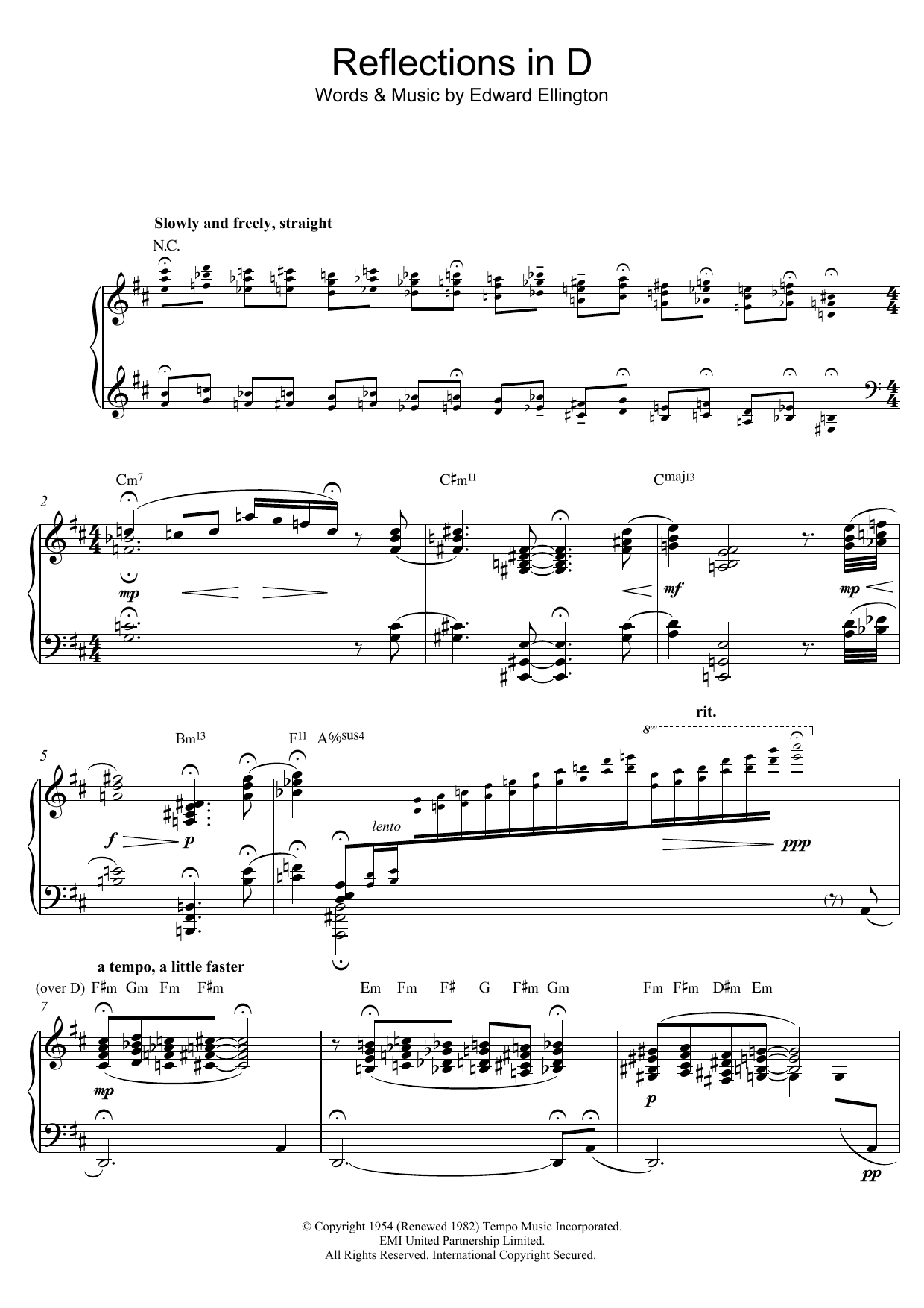 Bill Evans Reflections In D sheet music notes and chords arranged for Piano Solo