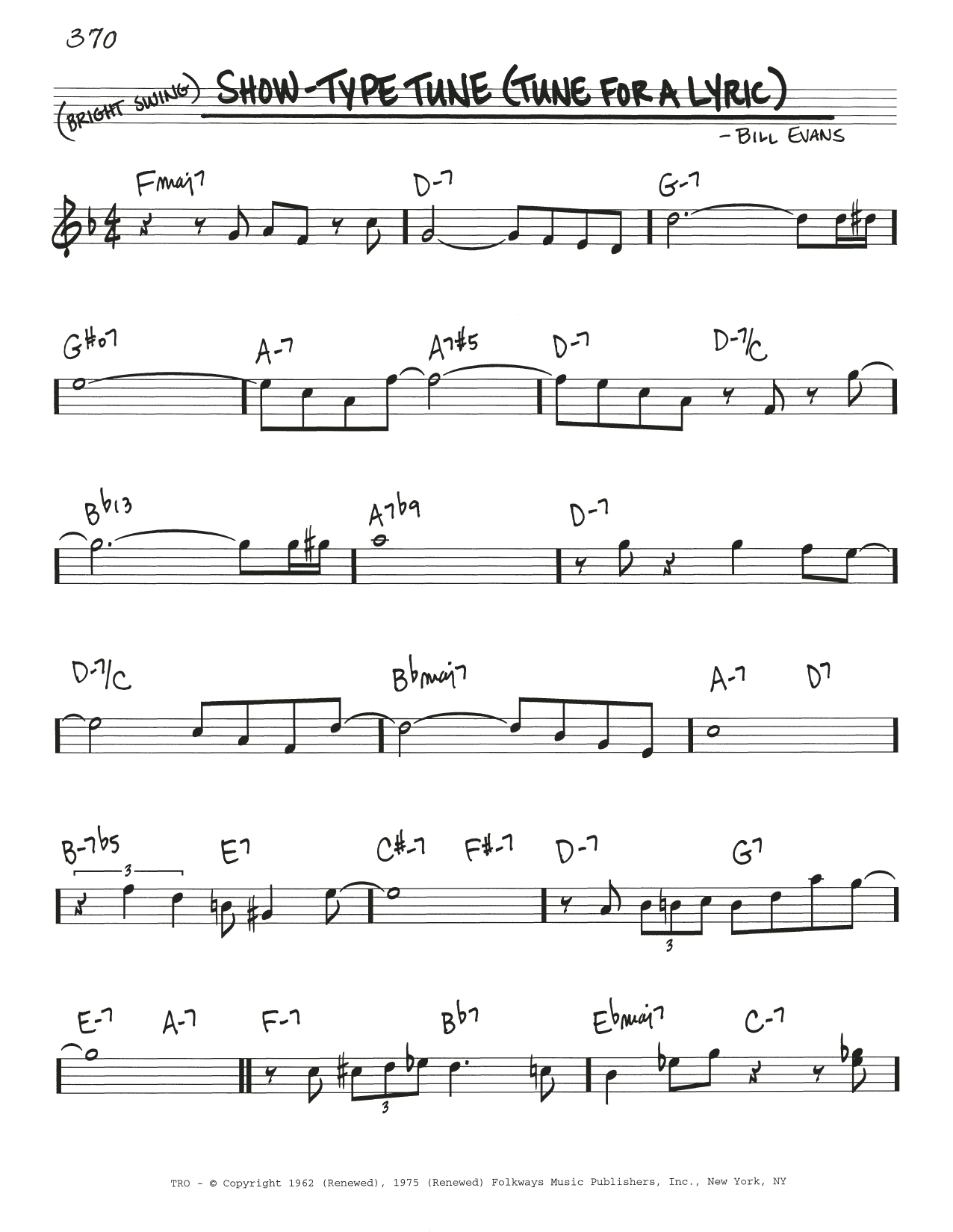 Bill Evans Show-Type Tune (Tune For A Lyric) sheet music notes and chords arranged for Real Book – Melody & Chords