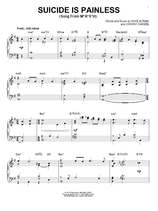 Bill Evans Song From M*A*S*H (Suicide Is Painless) [Jazz version] (arr. Brent Edstrom) sheet music notes and chords arranged for Piano Solo