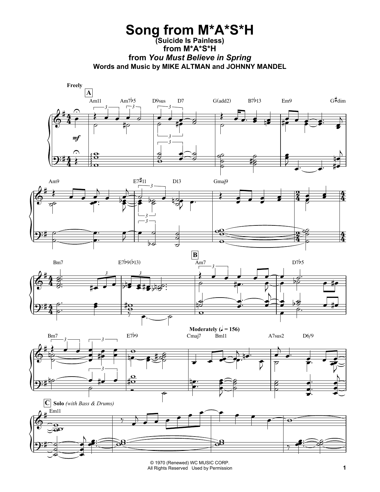 Bill Evans Song From M*A*S*H (Suicide Is Painless) sheet music notes and chords arranged for Piano Solo
