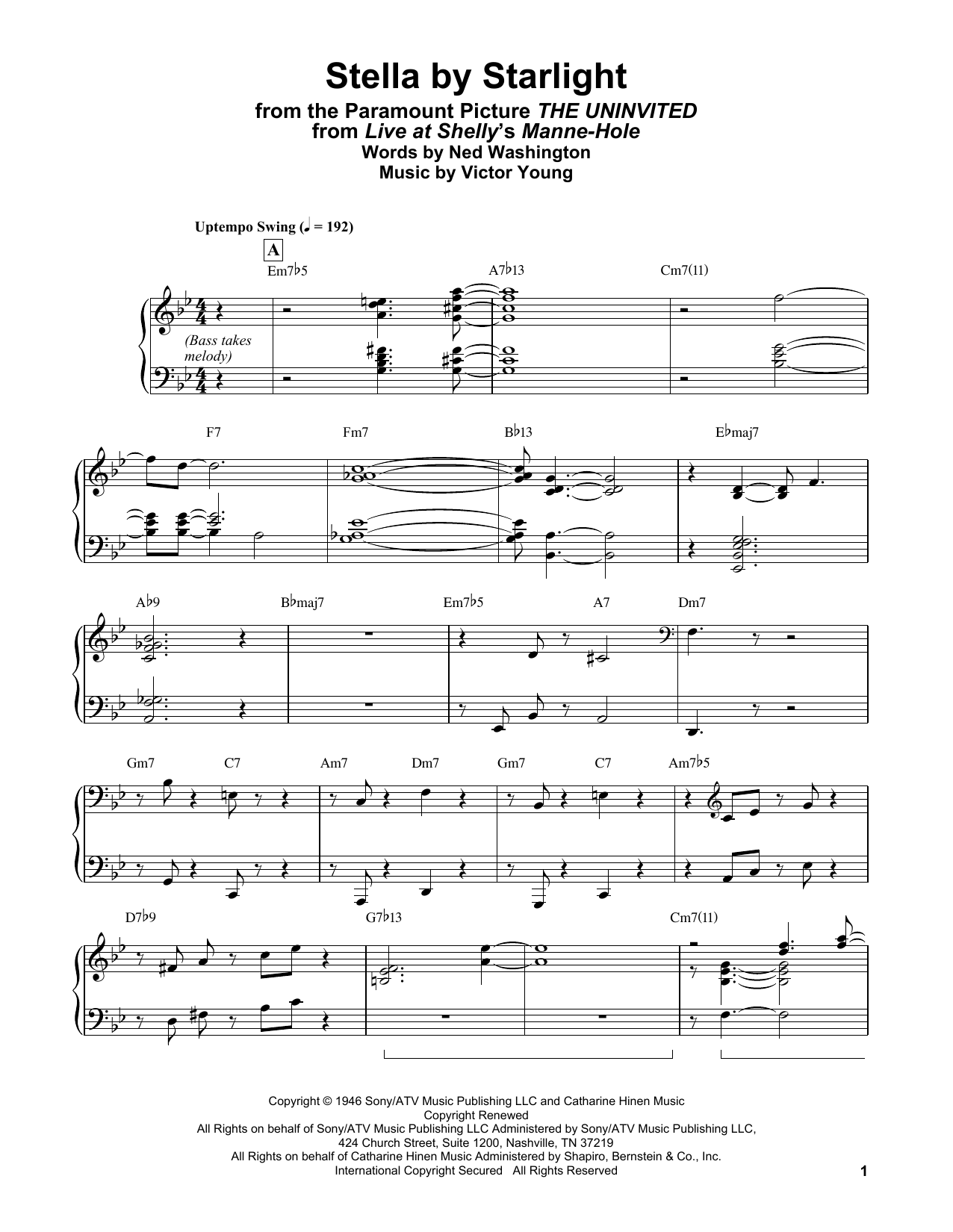 Bill Evans Stella By Starlight (from The Uninvited) sheet music notes and chords arranged for Piano Solo