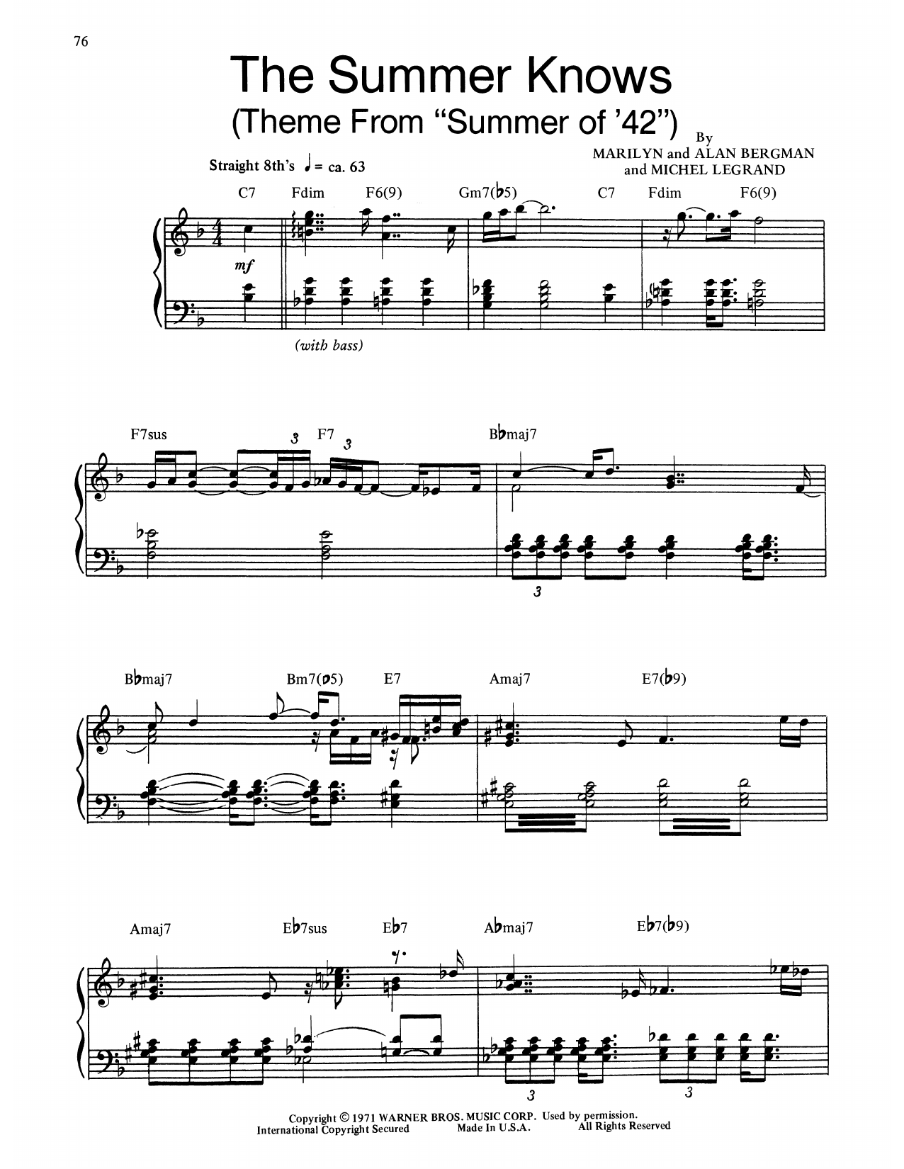 Bill Evans Theme From Summer Of '42 (The Summer Knows) sheet music notes and chords arranged for Piano Transcription