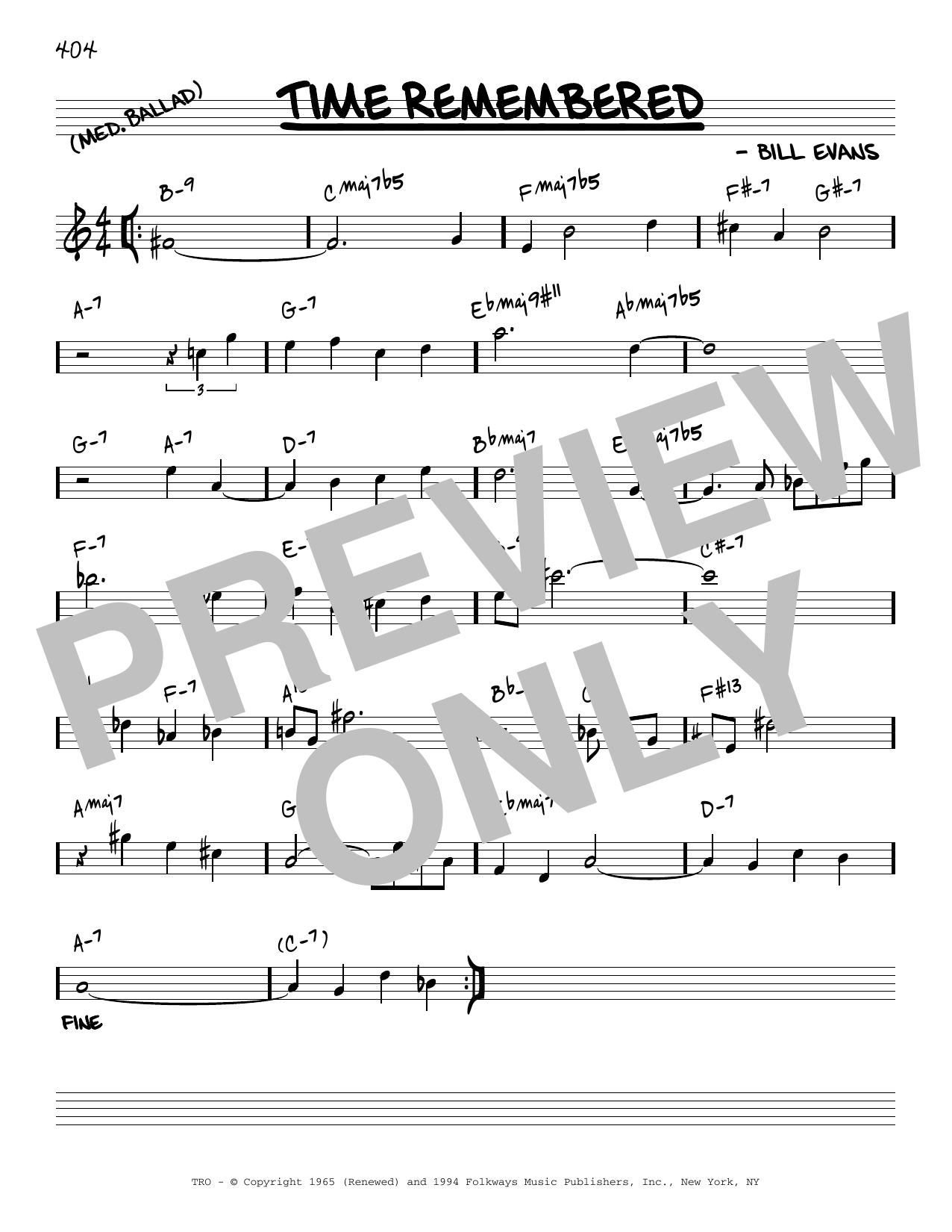 Bill Evans Time Remembered [Reharmonized version] (arr. Jack Grassel) sheet music notes and chords arranged for Real Book – Melody & Chords