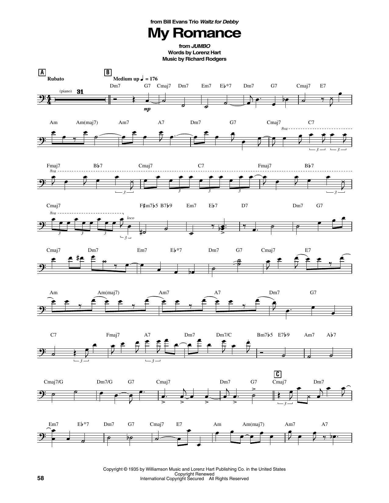 Bill Evans Trio My Romance sheet music notes and chords arranged for String Bass Transcription