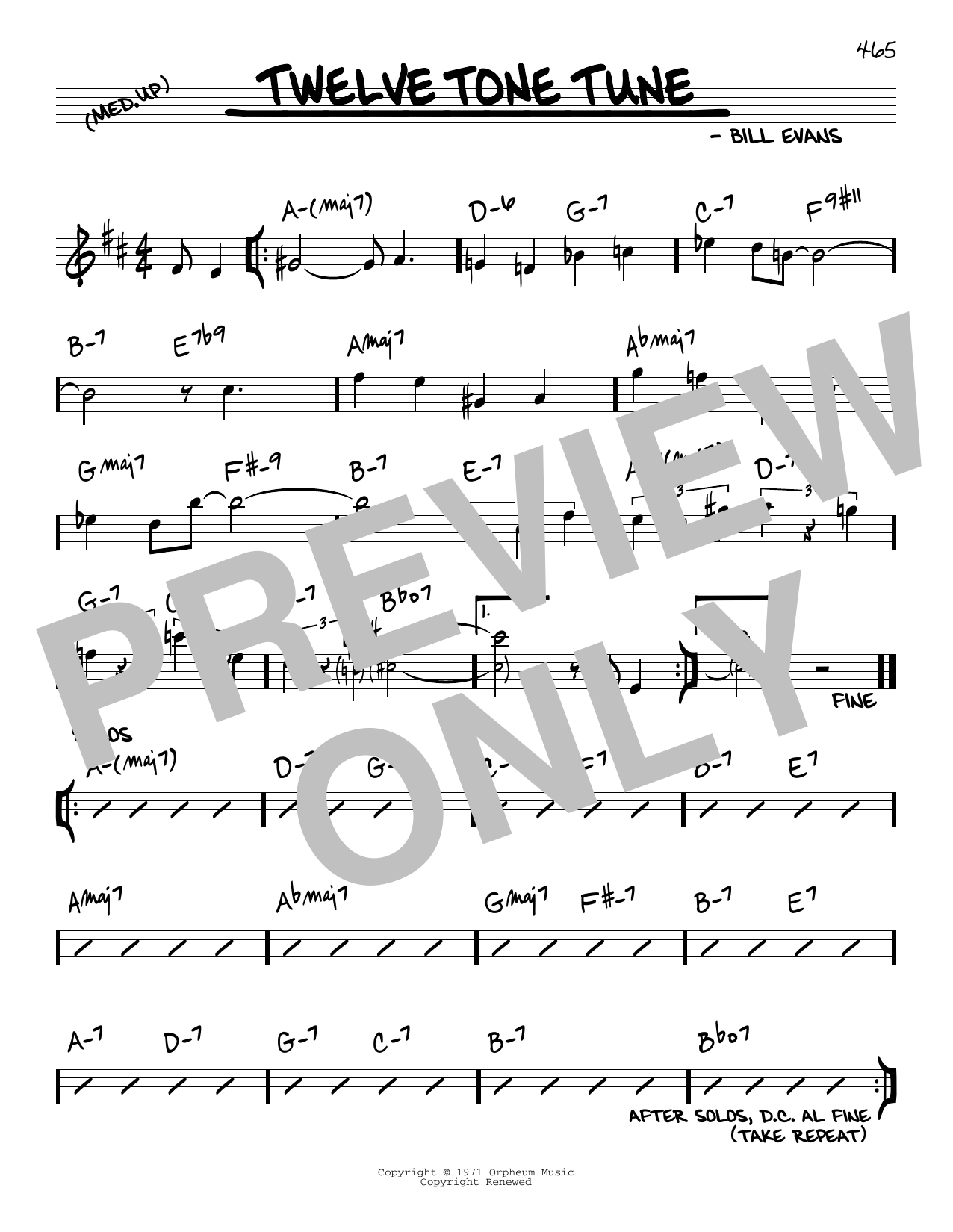 Bill Evans Twelve Tone Tune sheet music notes and chords arranged for Real Book – Melody & Chords