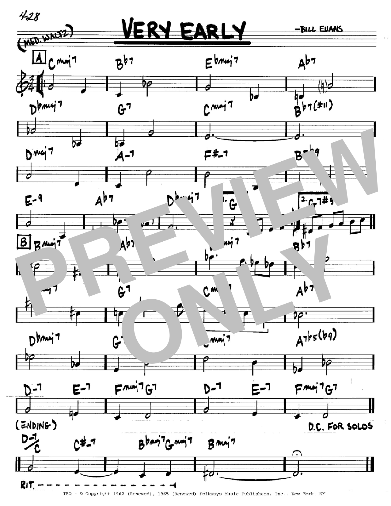 Bill Evans Very Early sheet music notes and chords arranged for Real Book – Melody & Chords – Bass Clef Instruments