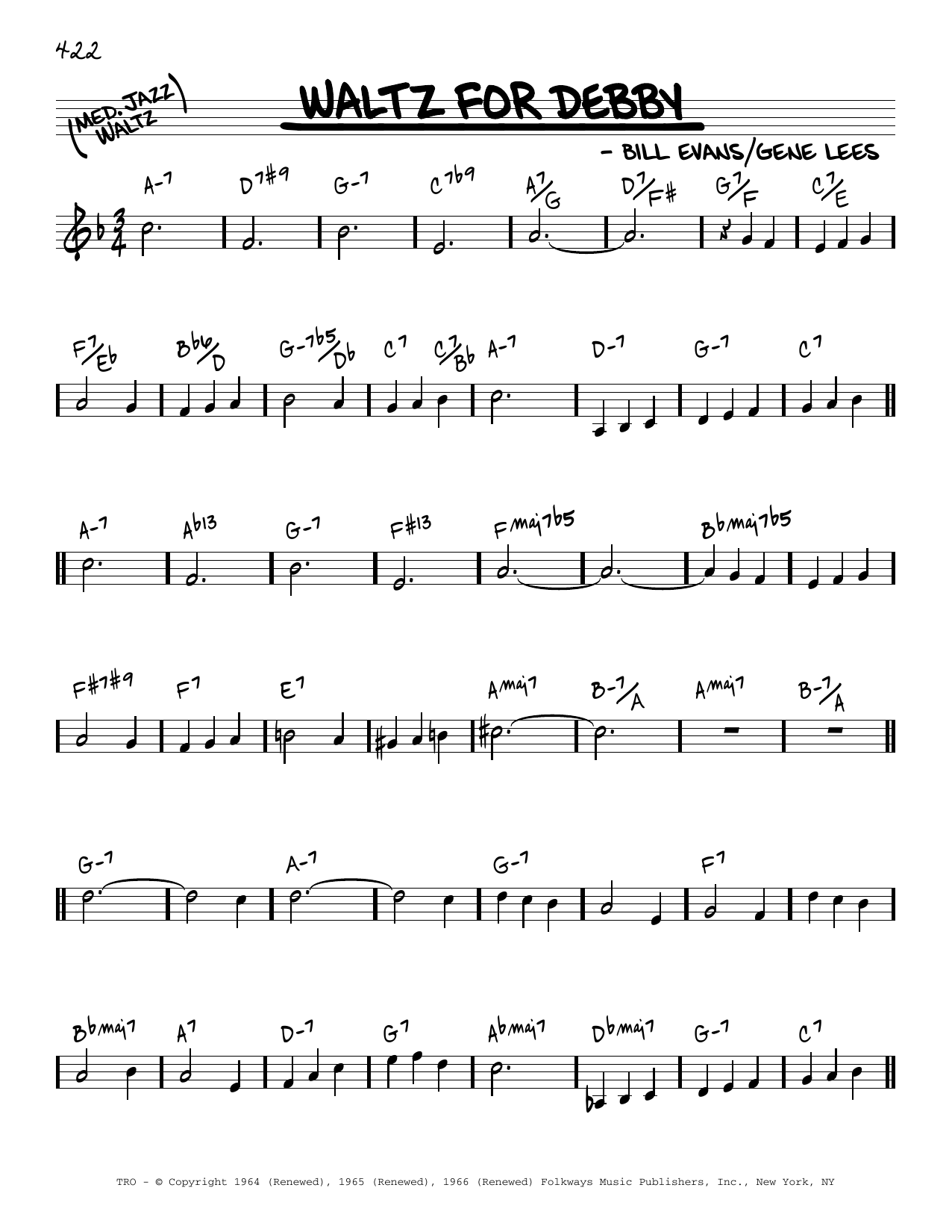 Bill Evans Waltz For Debby [Reharmonized version] (arr. Jack Grassel) sheet music notes and chords arranged for Real Book – Melody & Chords