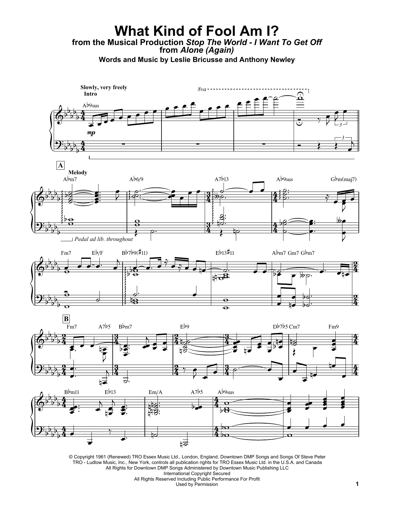 Bill Evans What Kind Of Fool Am I? (from Stop The World - I Want To Get Off) sheet music notes and chords arranged for Piano Solo