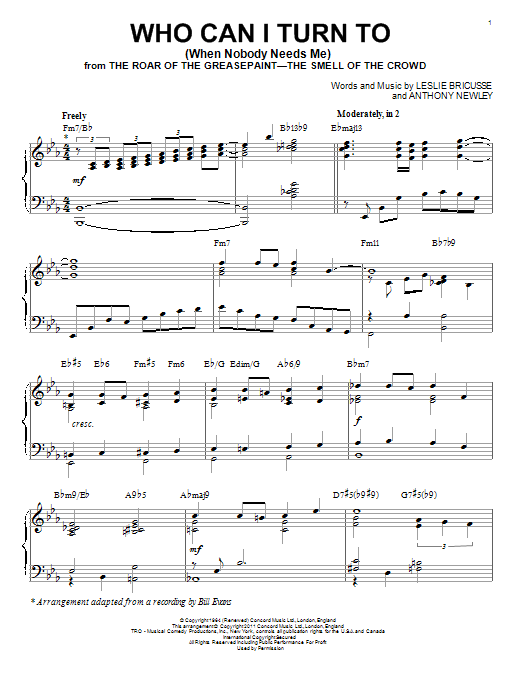 Bill Evans Who Can I Turn To (When Nobody Needs Me) [Jazz version] (arr. Brent Edstrom) sheet music notes and chords arranged for Piano Solo