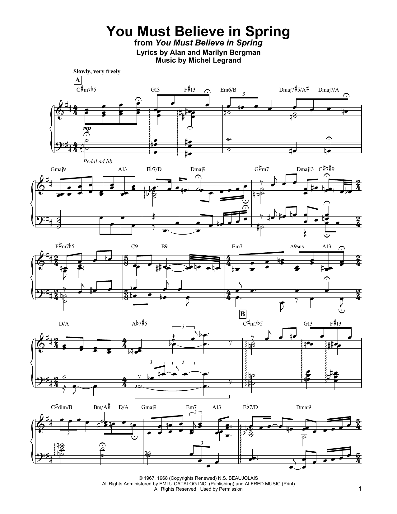 Bill Evans You Must Believe In Spring sheet music notes and chords arranged for Piano Solo