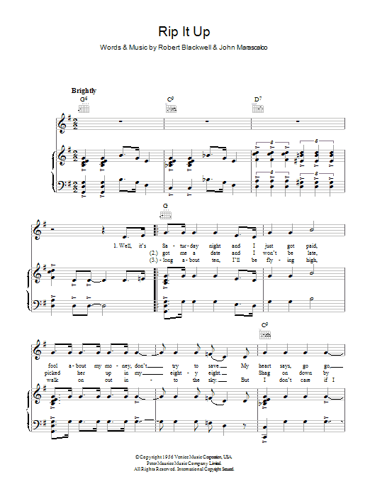 Bill Haley Rip It Up sheet music notes and chords arranged for Piano, Vocal & Guitar Chords