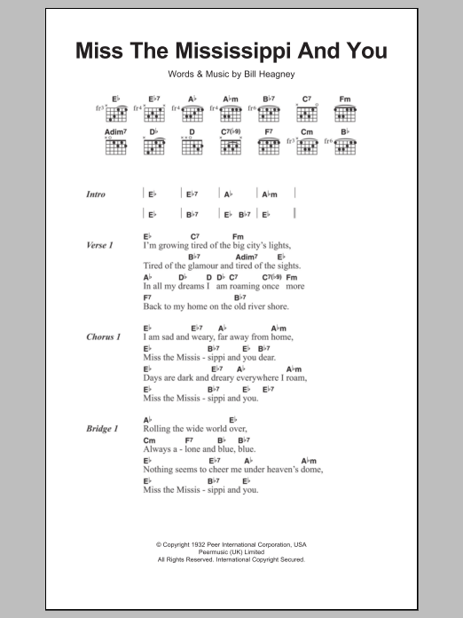 Bill Heagney Miss The Mississippi And You sheet music notes and chords arranged for Guitar Chords/Lyrics