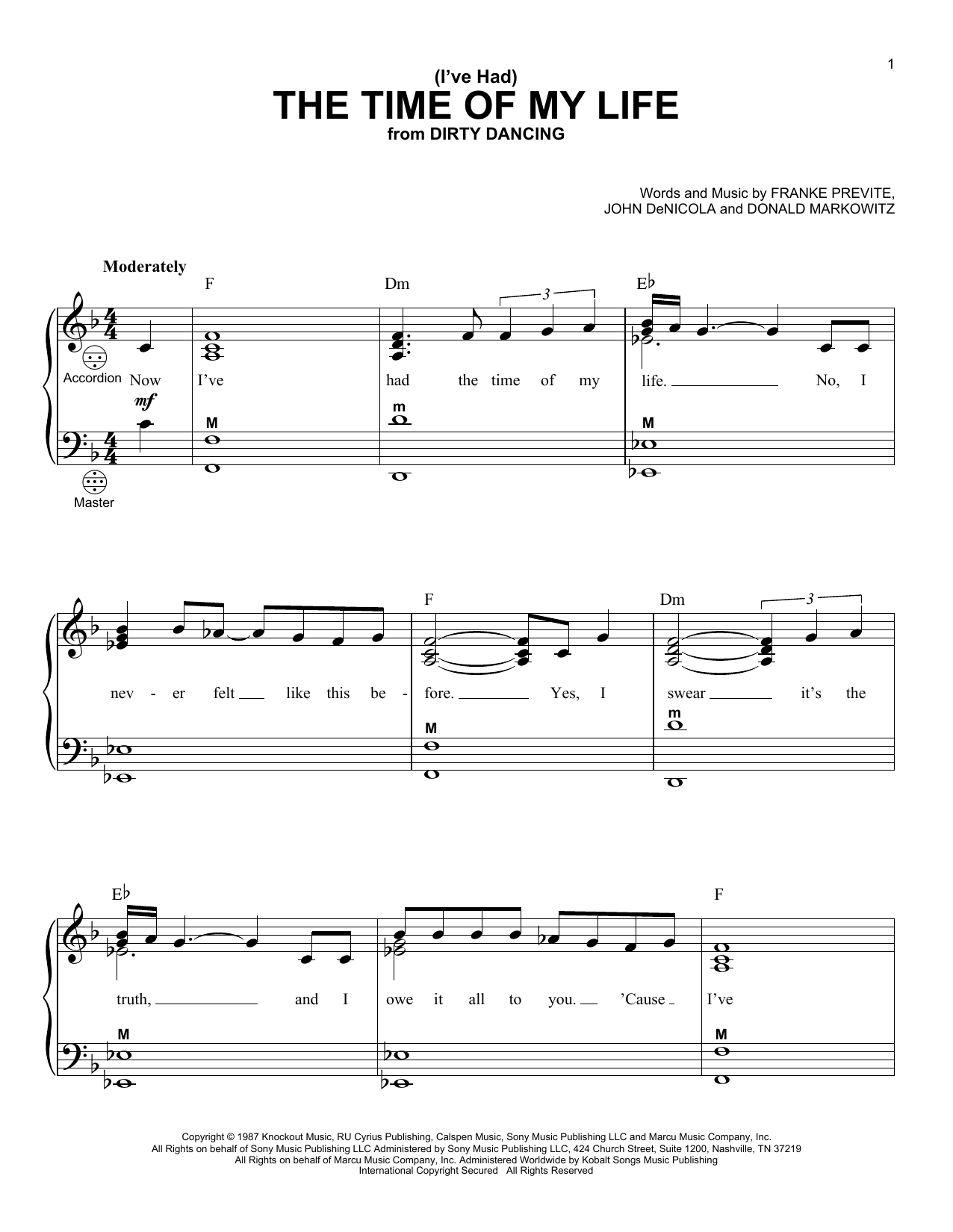 Bill Medley & Jennifer Warnes (I've Had) The Time Of My Life (from Dirty Dancing) sheet music notes and chords arranged for Accordion