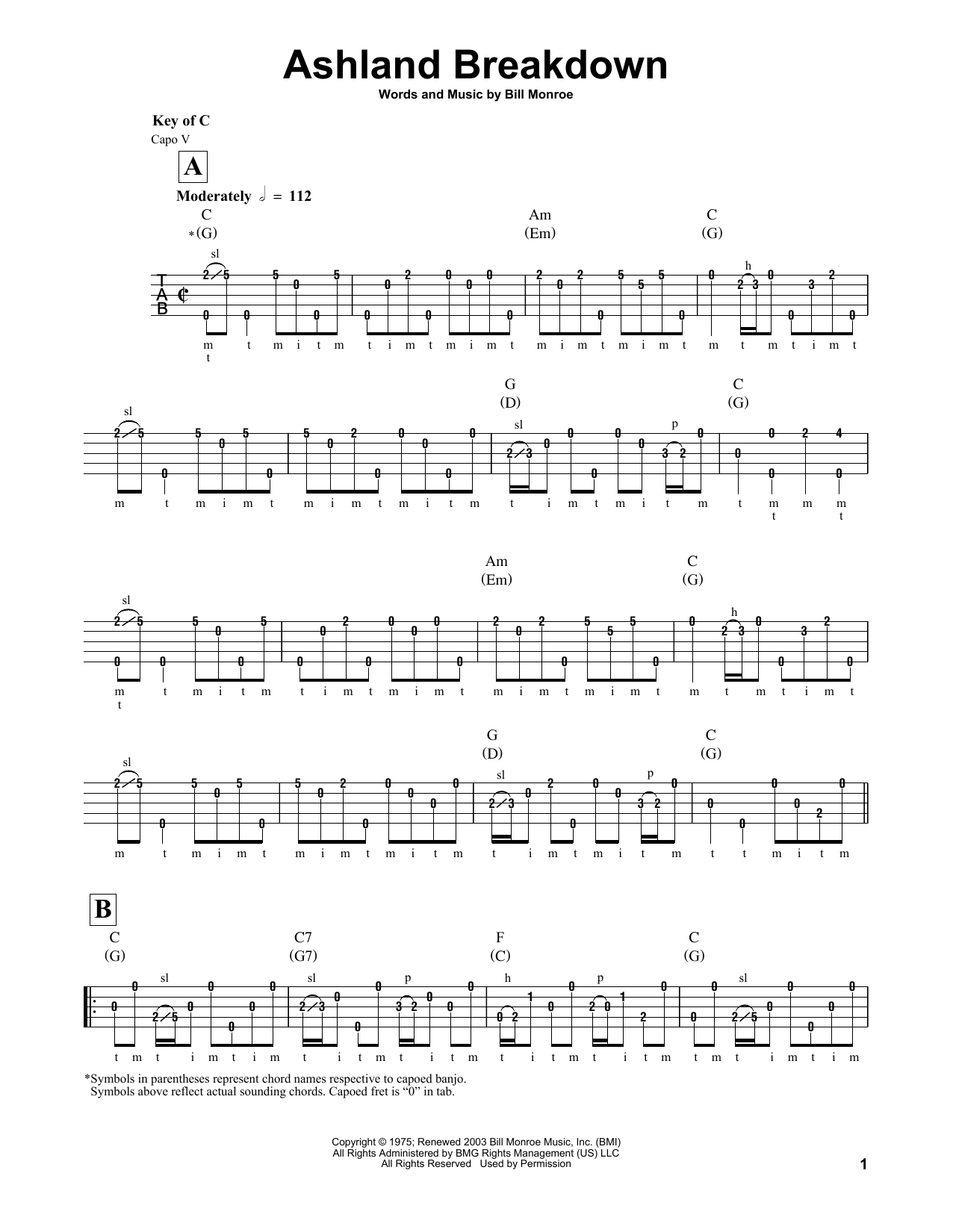 Bill Monroe Ashland Breakdown sheet music notes and chords arranged for Banjo Tab