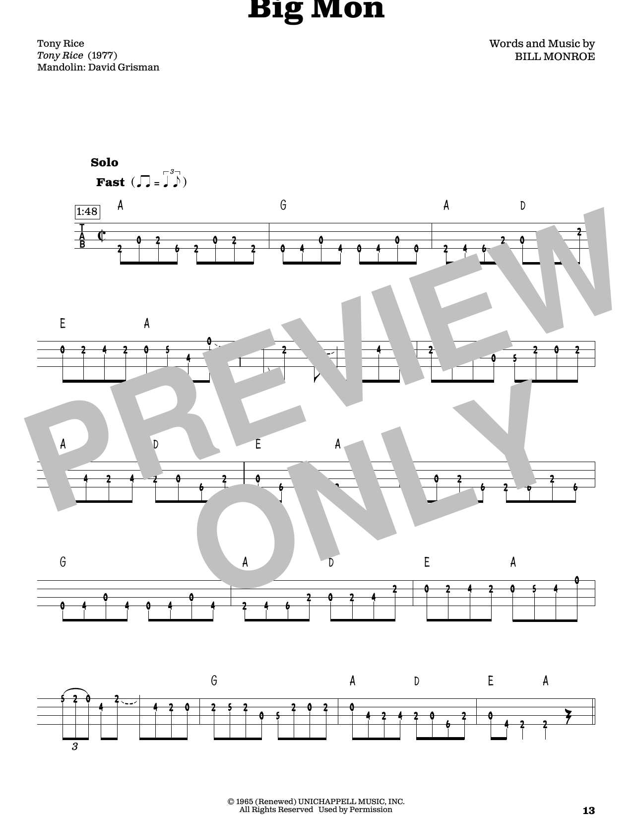 Bill Monroe Big Mon (arr. Fred Sokolow) sheet music notes and chords arranged for Mandolin