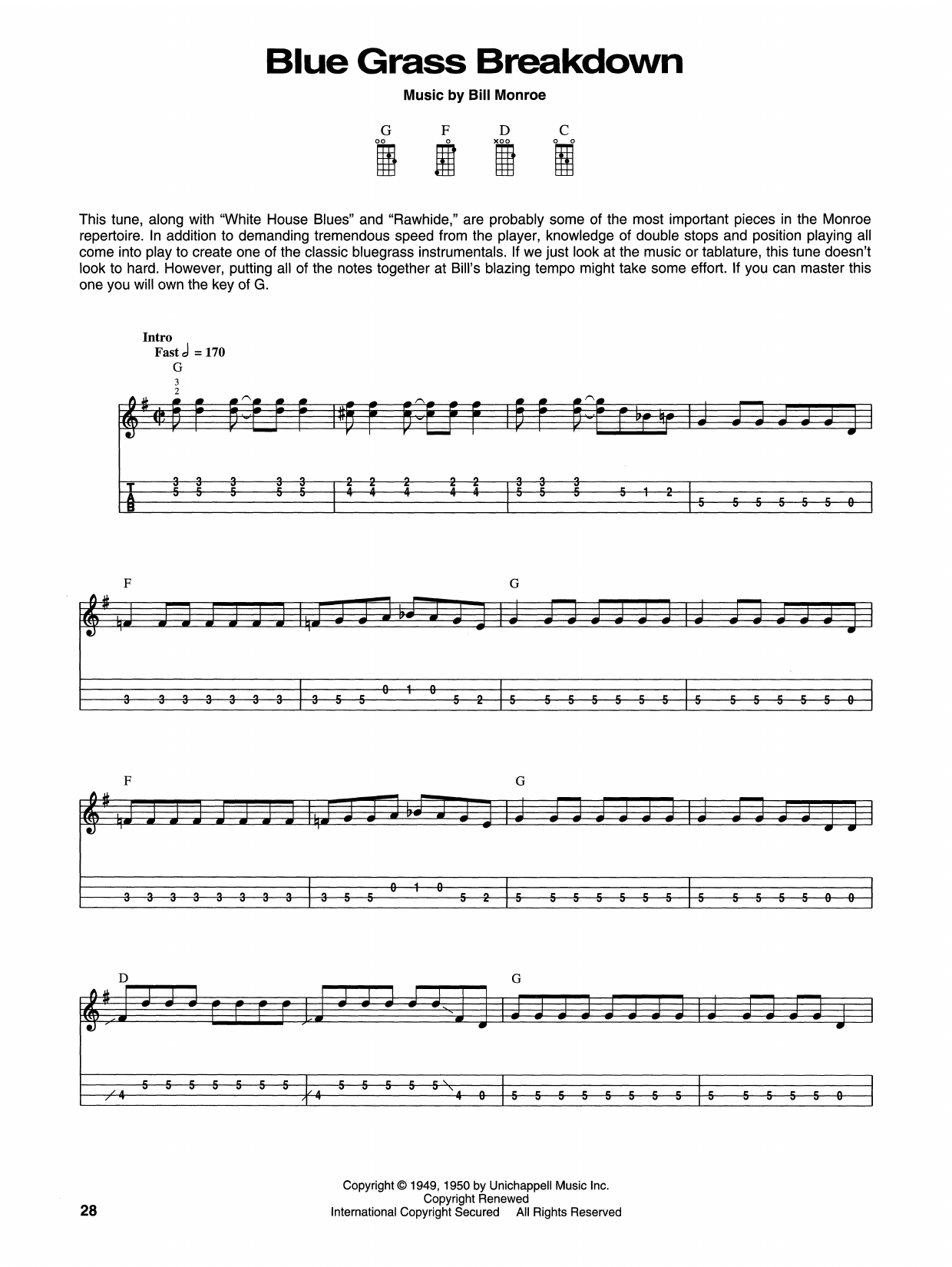 Bill Monroe Blue Grass Breakdown sheet music notes and chords arranged for Mandolin
