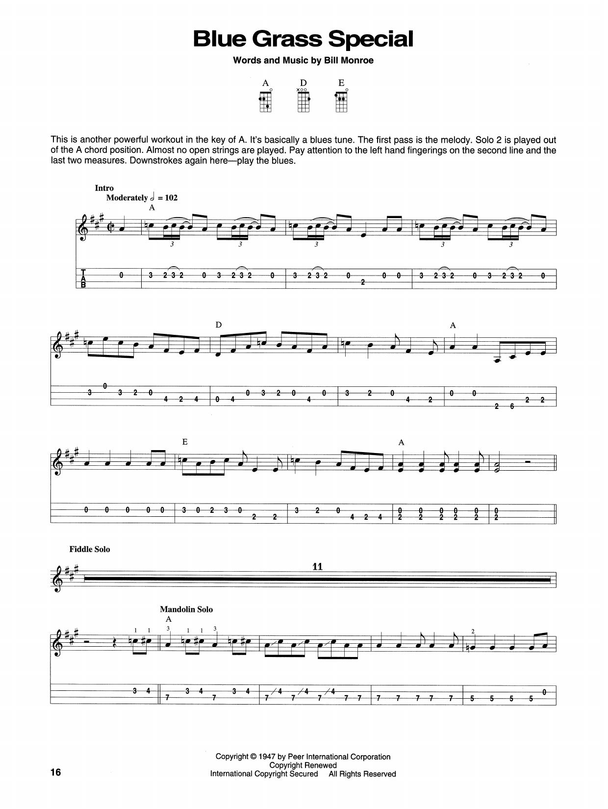 Bill Monroe Blue Grass Special sheet music notes and chords arranged for Mandolin