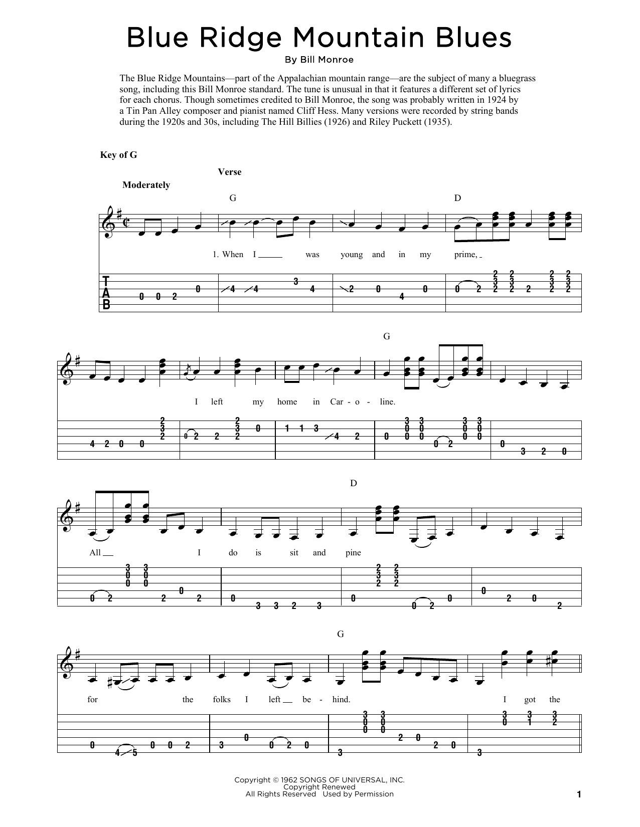 Bill Monroe Blue Ridge Mountain Blues (arr. Fred Sokolow) sheet music notes and chords arranged for Solo Guitar