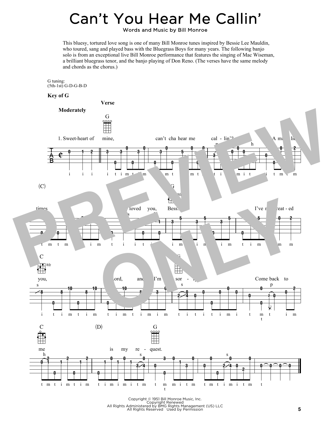 Bill Monroe Can't You Hear Me Callin' (arr. Fred Sokolow) sheet music notes and chords arranged for Banjo Tab