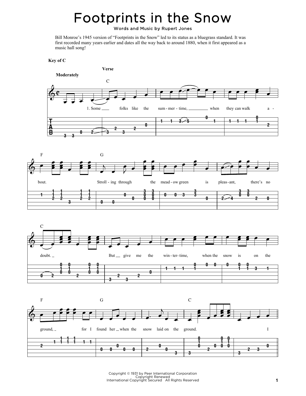 Bill Monroe Footprints In The Snow (arr. Fred Sokolow) sheet music notes and chords arranged for Solo Guitar