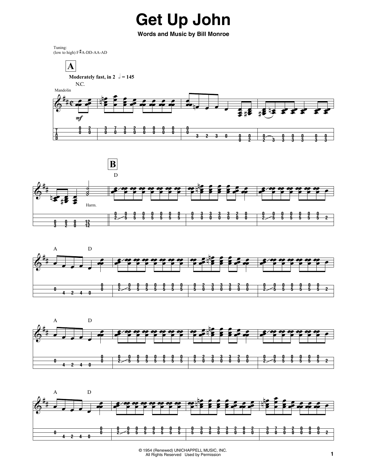 Bill Monroe Get Up John sheet music notes and chords arranged for Mandolin Tab