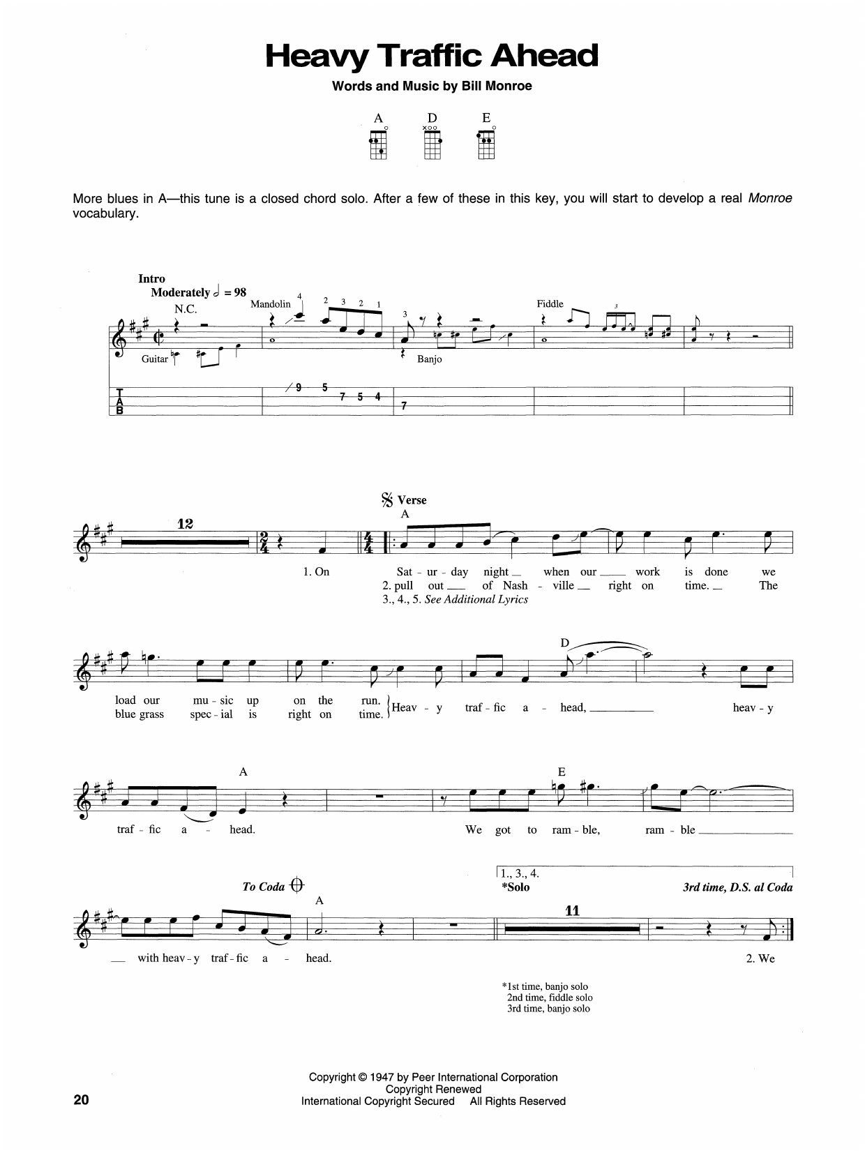 Bill Monroe Heavy Traffic Ahead sheet music notes and chords arranged for Mandolin