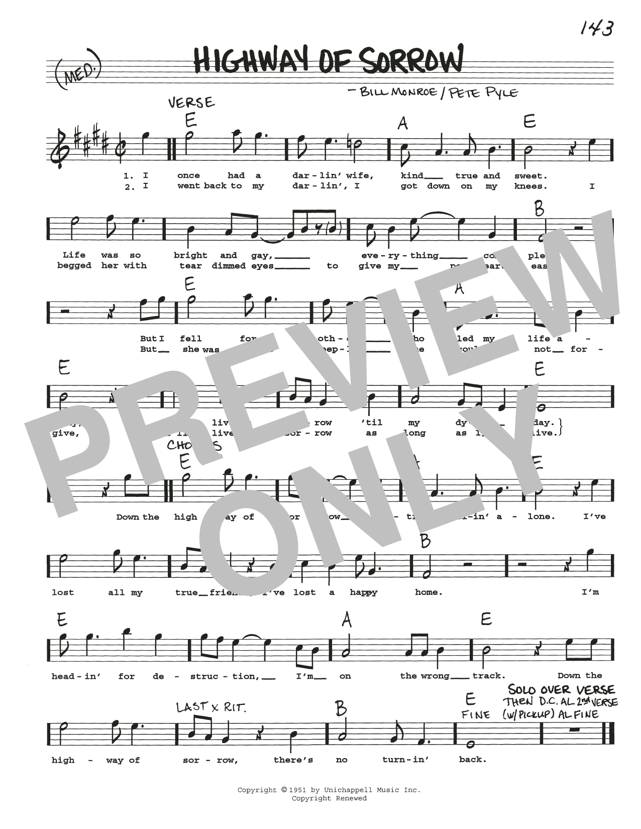 Bill Monroe Highway Of Sorrow sheet music notes and chords arranged for Real Book – Melody, Lyrics & Chords